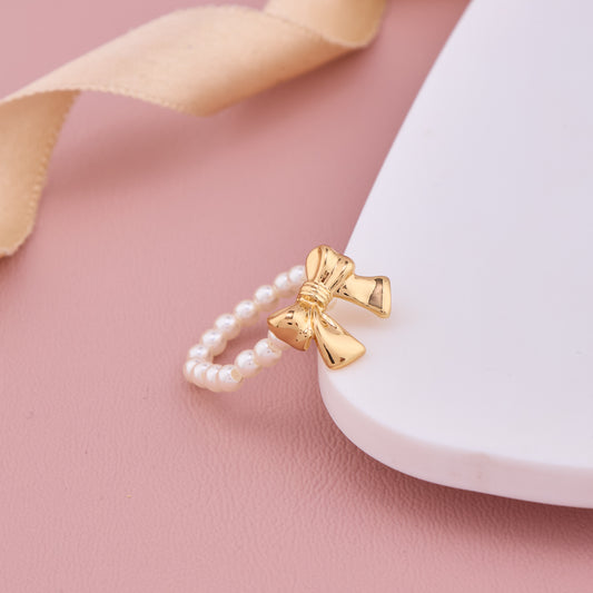 Golden Bow Design Ring with Pearl Beaded Band