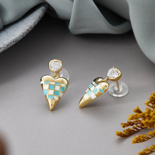 Gold Earrings with Blue & White Checkered Hearts