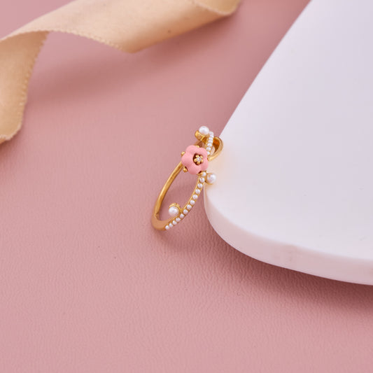 Gold Plated Ring with Pink Enamel Flower and Pearl Accents