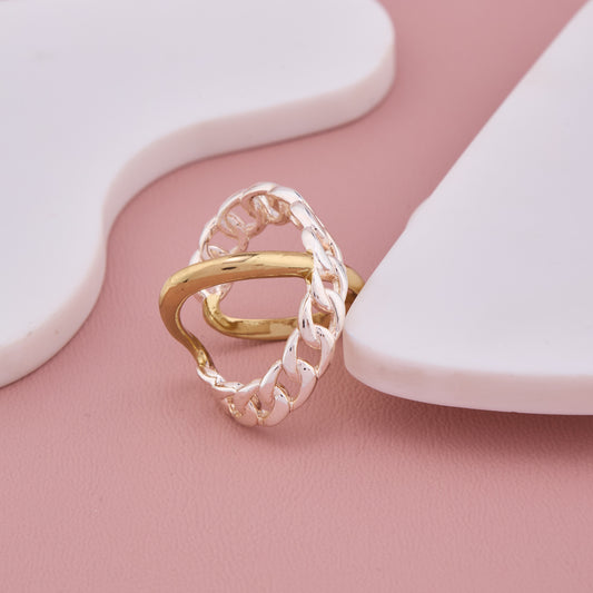 Dual Tone Adjustable Ring with Gold Band and Silver Chain Design