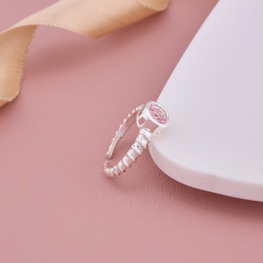 Silver Beaded Band Ring with Pink Textured Round Centerpiece