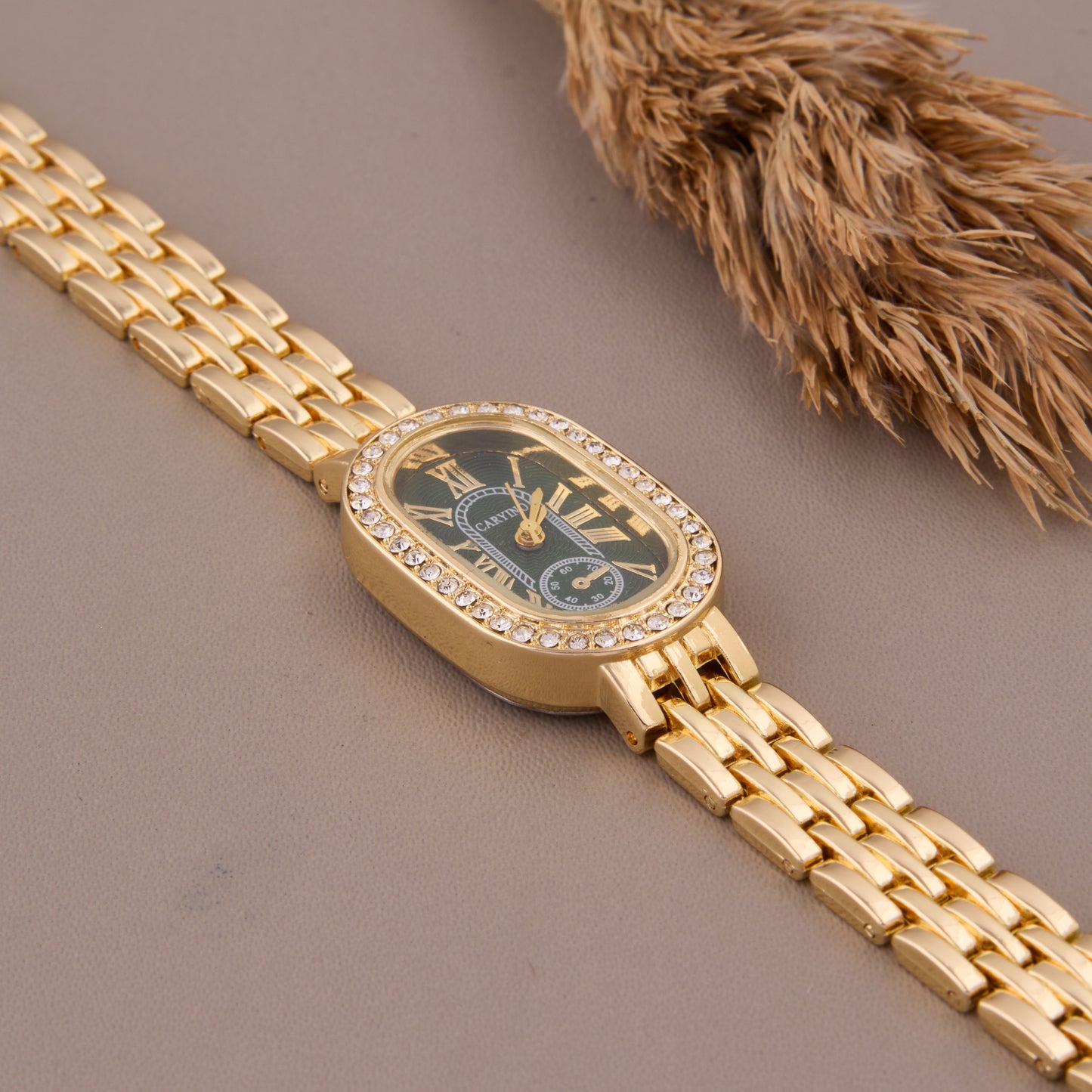 Elegant Gold & Green Roman Dial Watch with Crystal Accents for Women