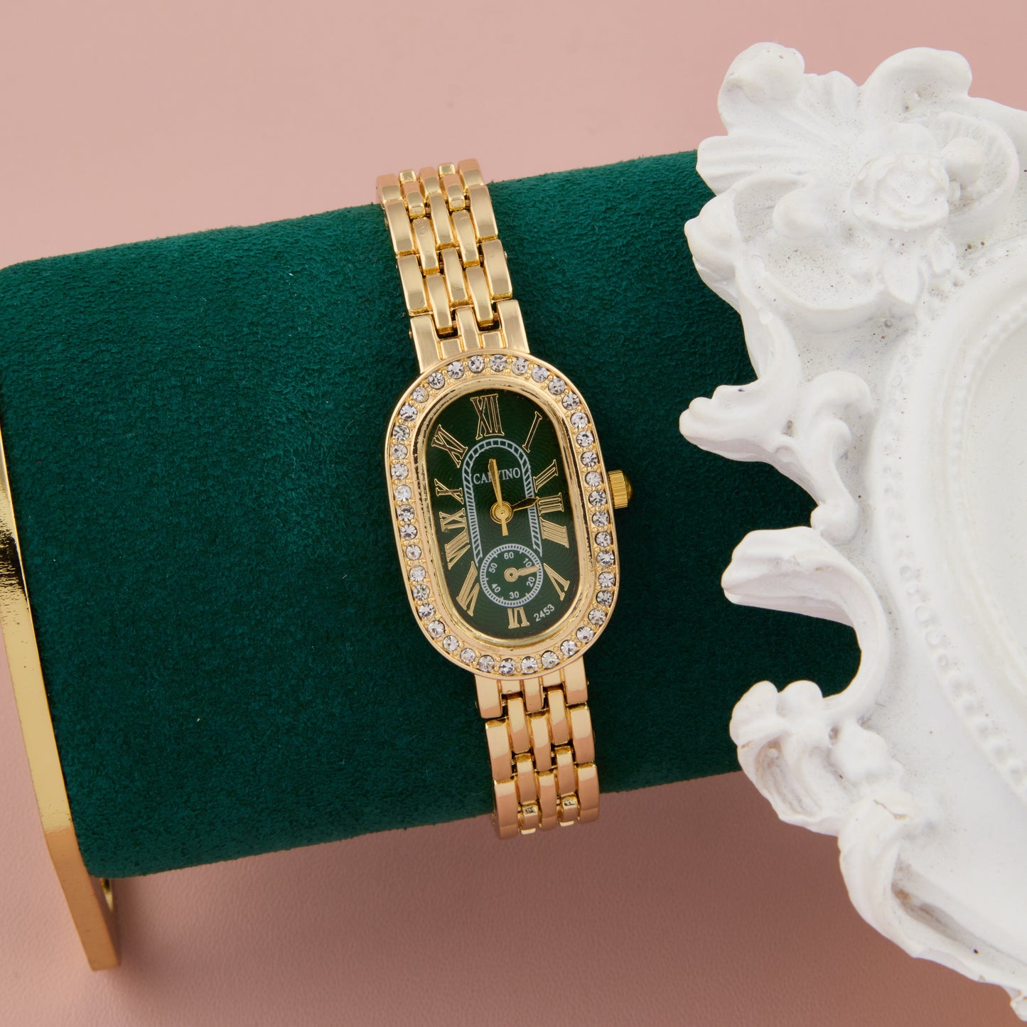 Elegant Gold & Green Roman Dial Watch with Crystal Accents for Women