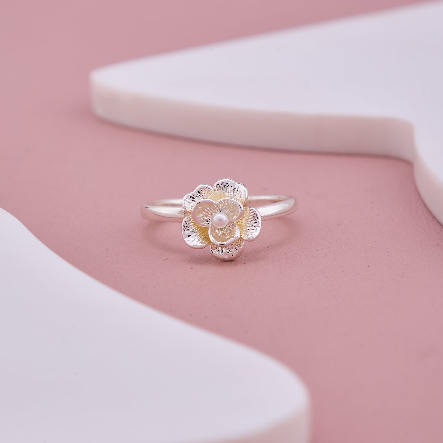 Silver Floral Ring with Pearl Center