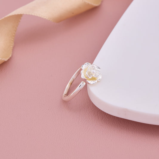 Silver Floral Ring with Pearl Center