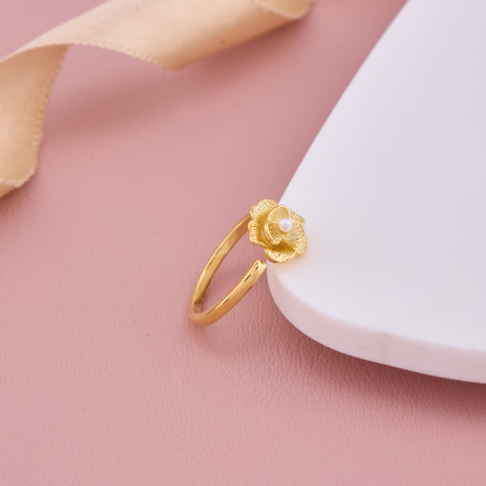 Gold Floral Ring with Pearl Center