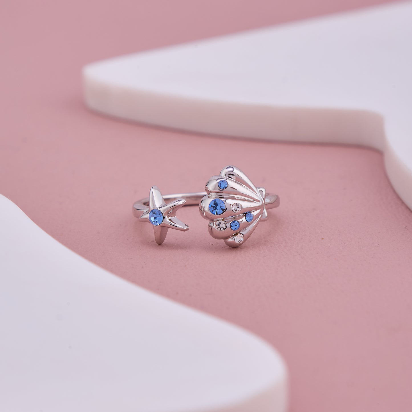 Silver Starfish and Seashell Ring with Blue Crystals