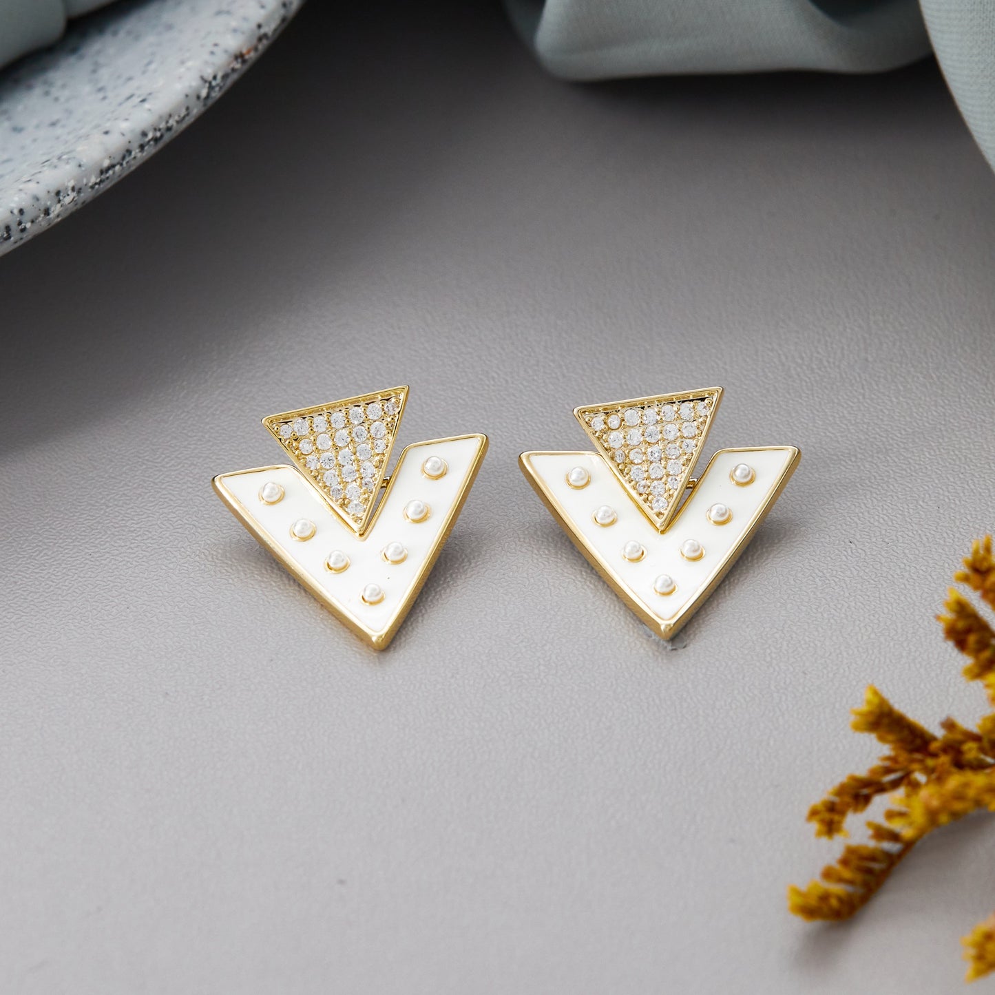 Geometric Gold & White Earrings
