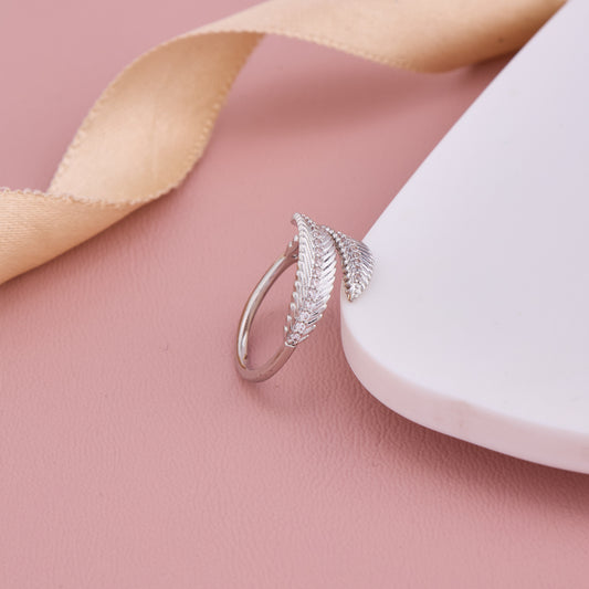 Silver Leaf-Inspired Adjustable Ring with White Stones