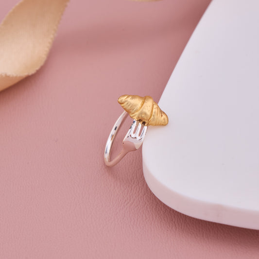 Silver Adjustable Ring with Golden Croissant Design
