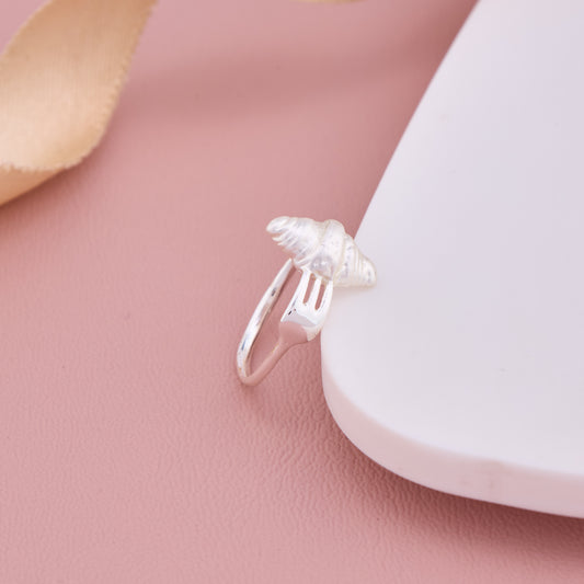 Silver Adjustable Ring with Croissant & Fork Design