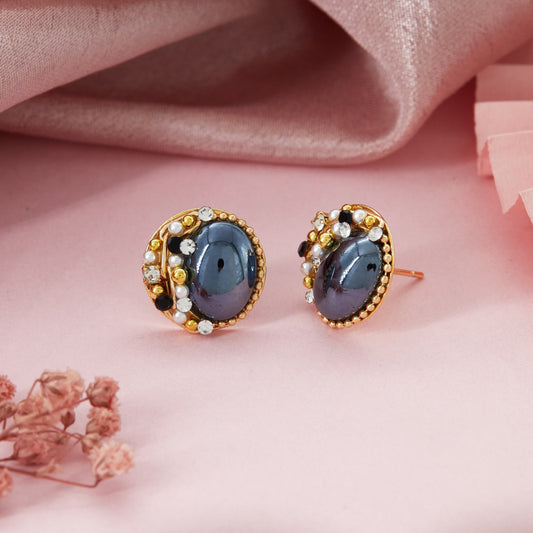 Elegant Oval Gemstone Earrings with Gold & Crystals