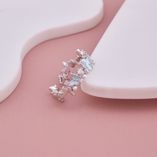 Silver Butterfly Adjustable Ring with Blue Enamel and Pearl Accents