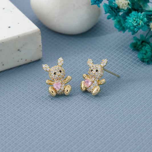 Teddy Bear Crystal Earrings with Pink Heart