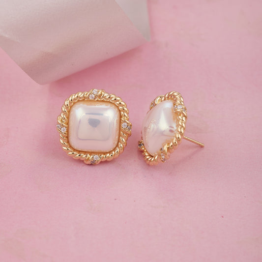 Square Pearl Stud Earrings with Gold Twisted Border