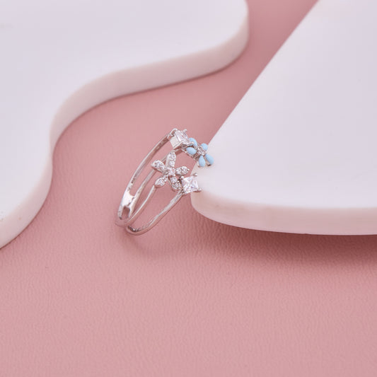 Silver Adjustable Double Flower Ring with Blue Enamel