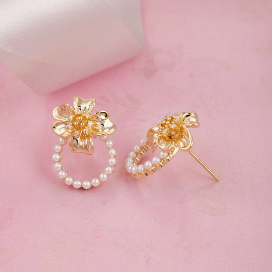Floral Pearl Loop Earrings for Women