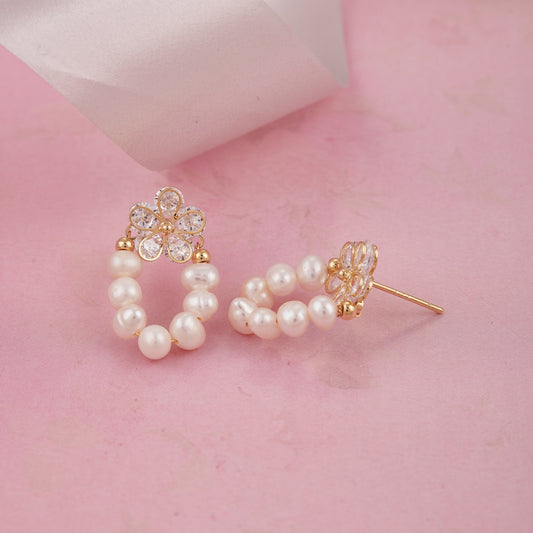 Crystal Flower & Pearl Loop Earrings