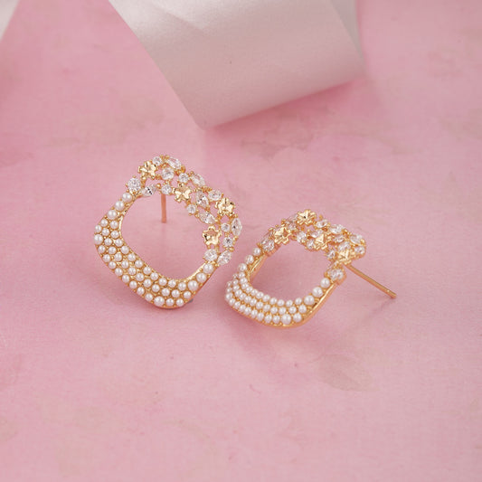 Floral Pearl & Crystal Square Stud Earrings