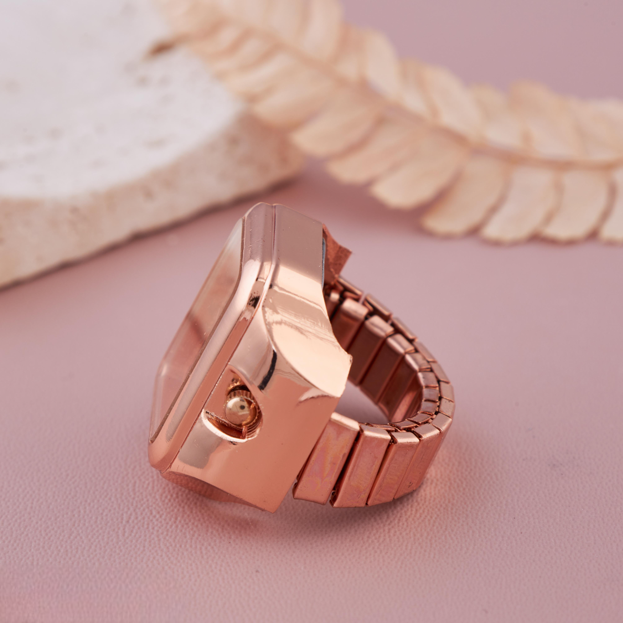 Rose Gold Square Dial Ring Watch with Roman Numerals