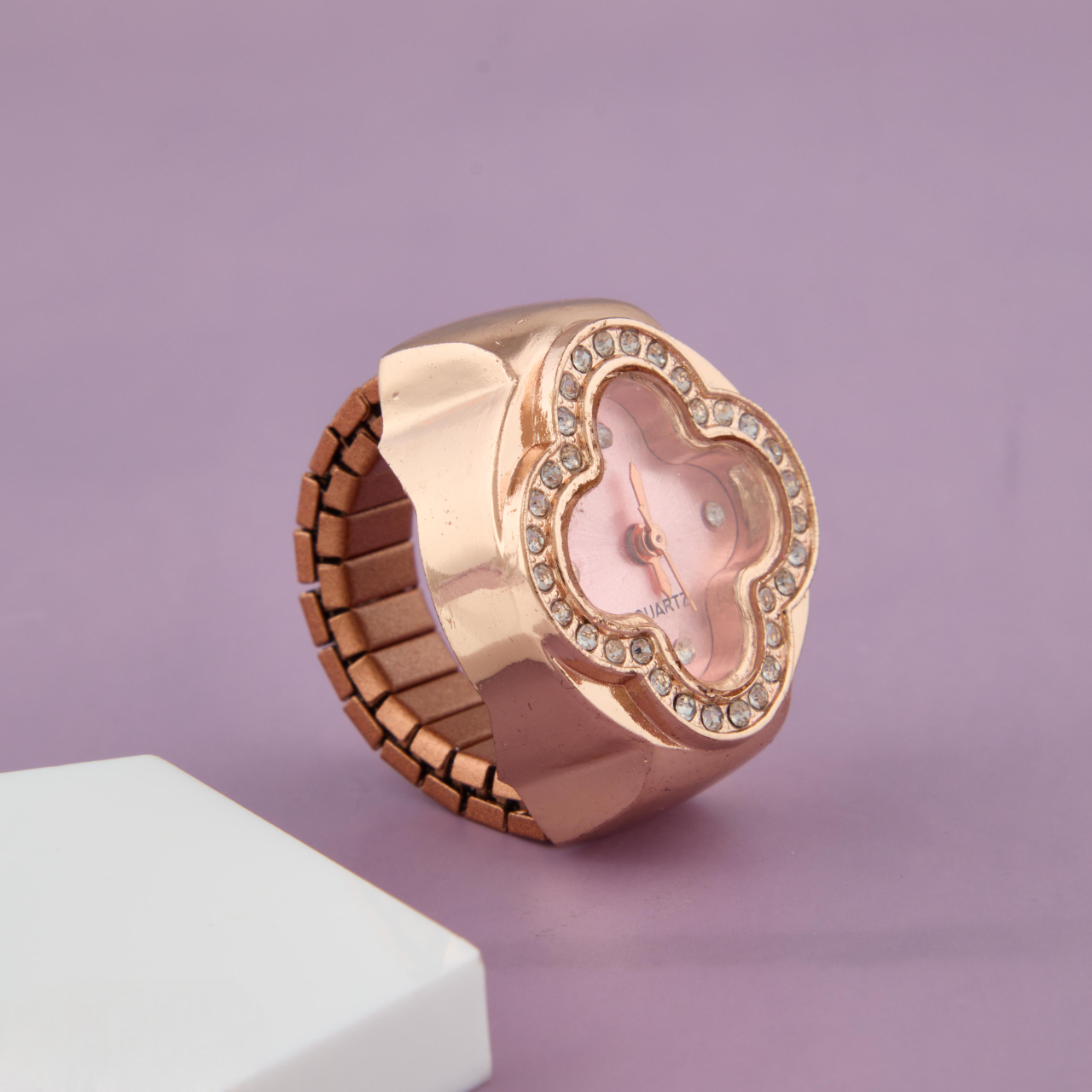 Chic Pink Dial Ring Watch in Rose Gold with Crystals