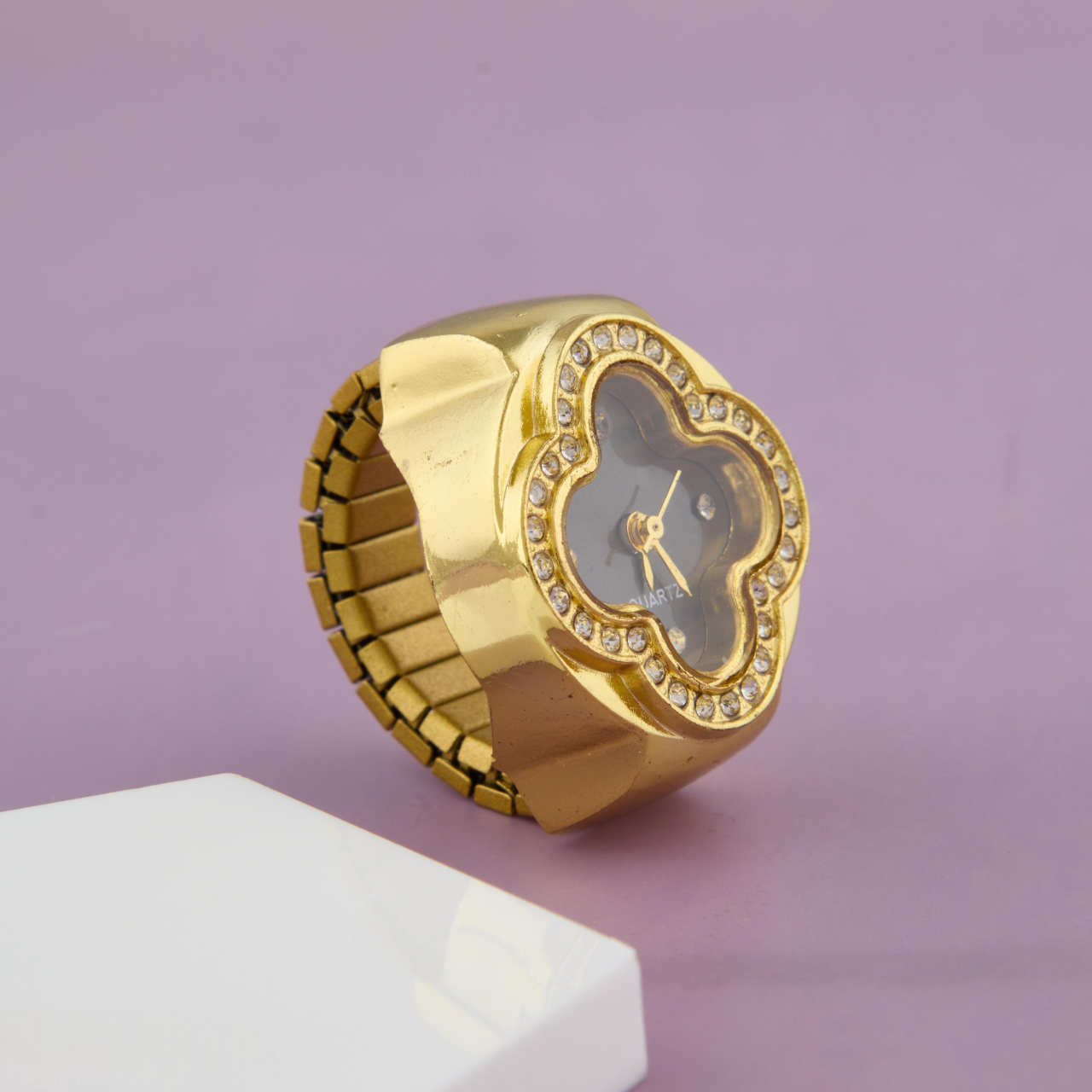 Gold-Tone Clover Dial Ring Watch with Crystals for Women & Girls