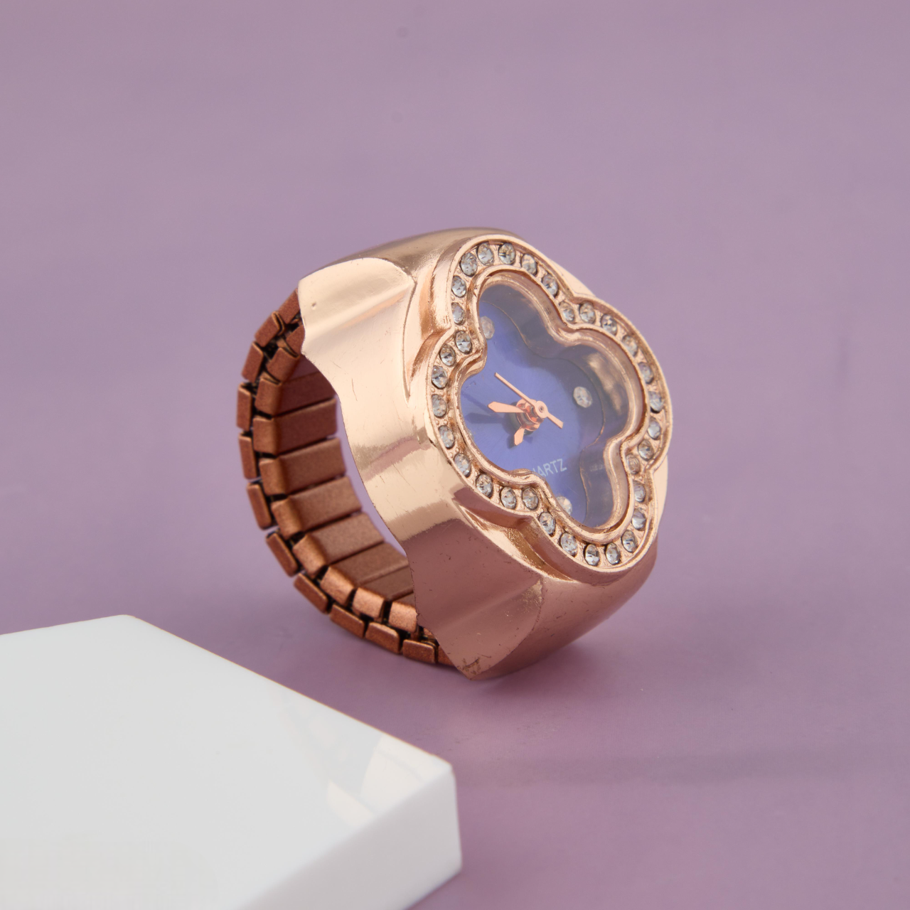 Luxury Blue Dial Ring Watch in Rose Gold Finish