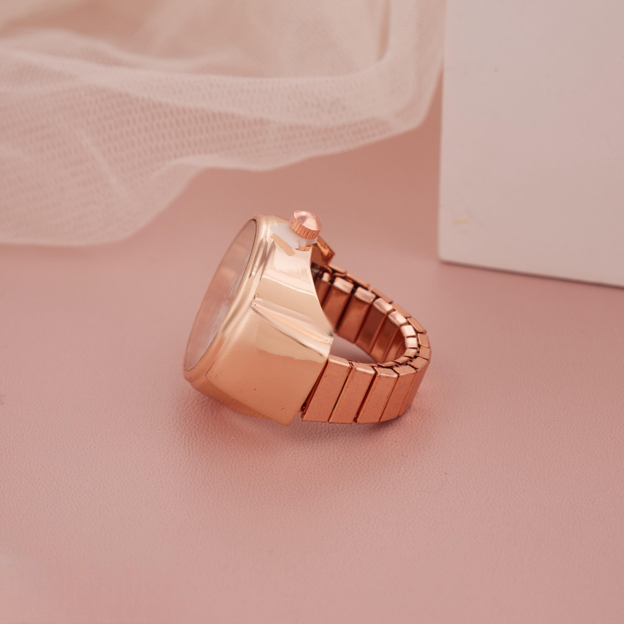 Rose Gold Ring Watch with Geometric Patterned White Dial for Women & Girls