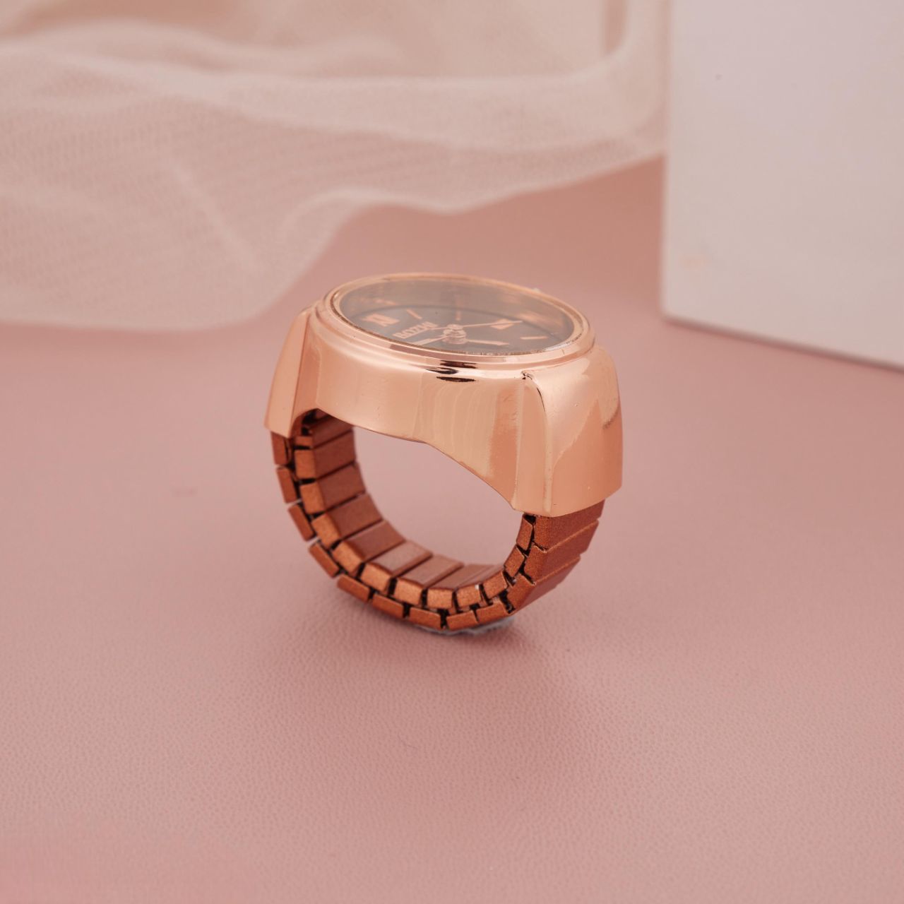 Rose Gold-Toned Ring Watch with Black Dial & Roman Numerals for Women