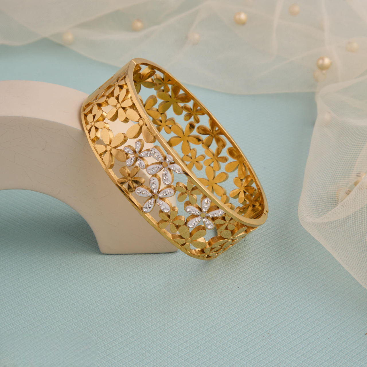 Gold Floral Cut-Out Bangle with Gemstone Detailing