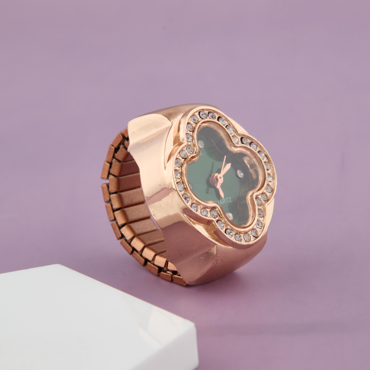 Luxurious Green Dial Rose Gold Ring Watch with Crystal Embellishments