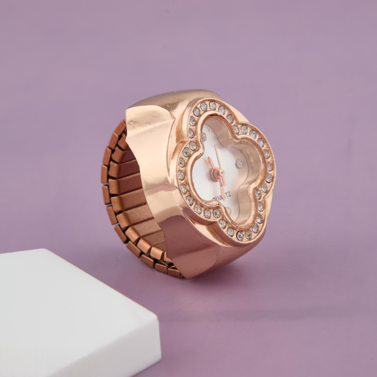 Elegant White Dial Rose Gold Ring Watch with Crystal Accents