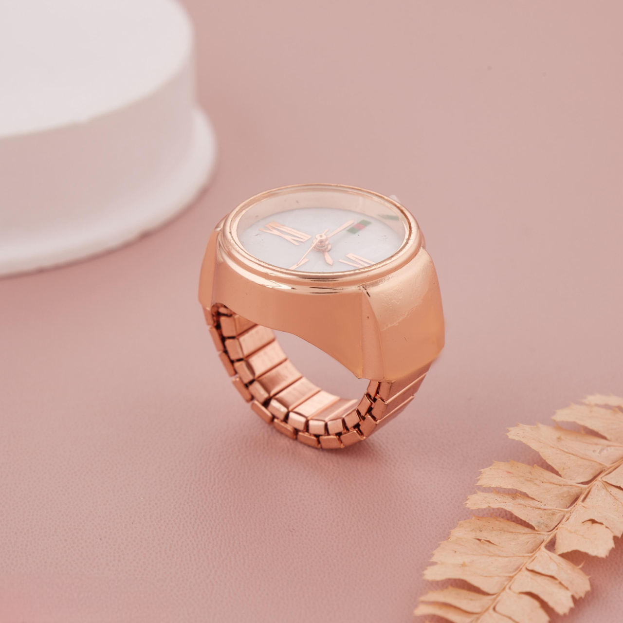Elegant Rose Gold Round Ring Watch with White Dial & Roman Numerals