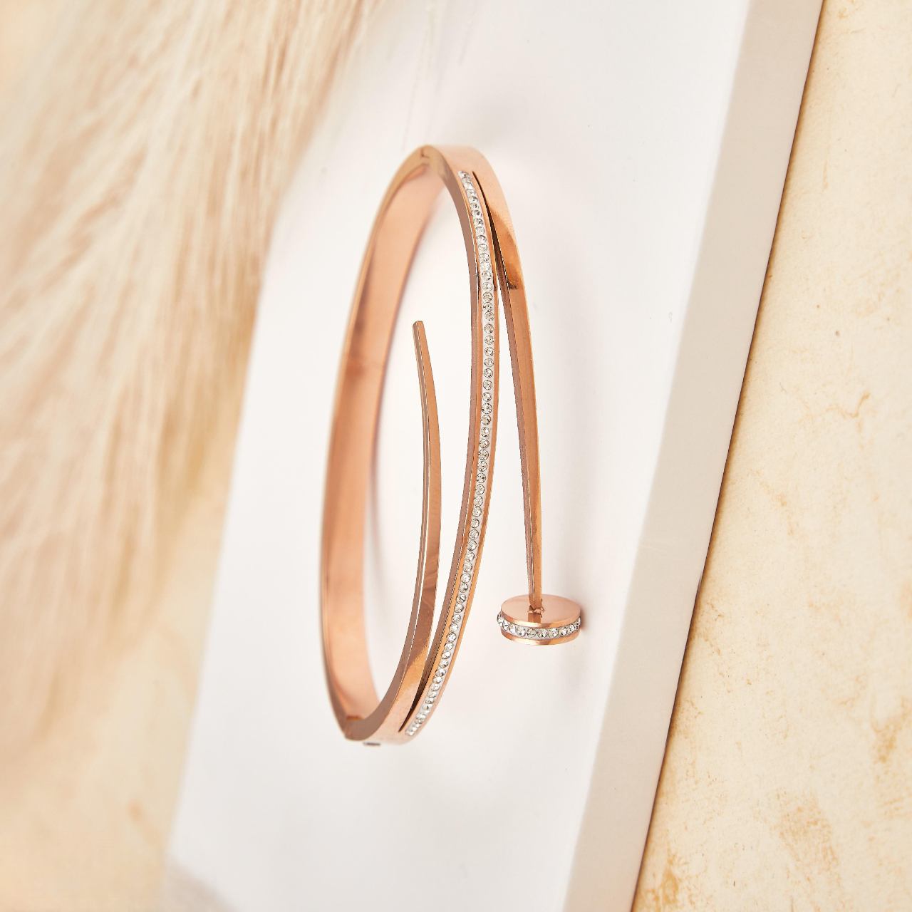Rose Gold Nail Design Bracelet with CZ Detailing for Women & Girls