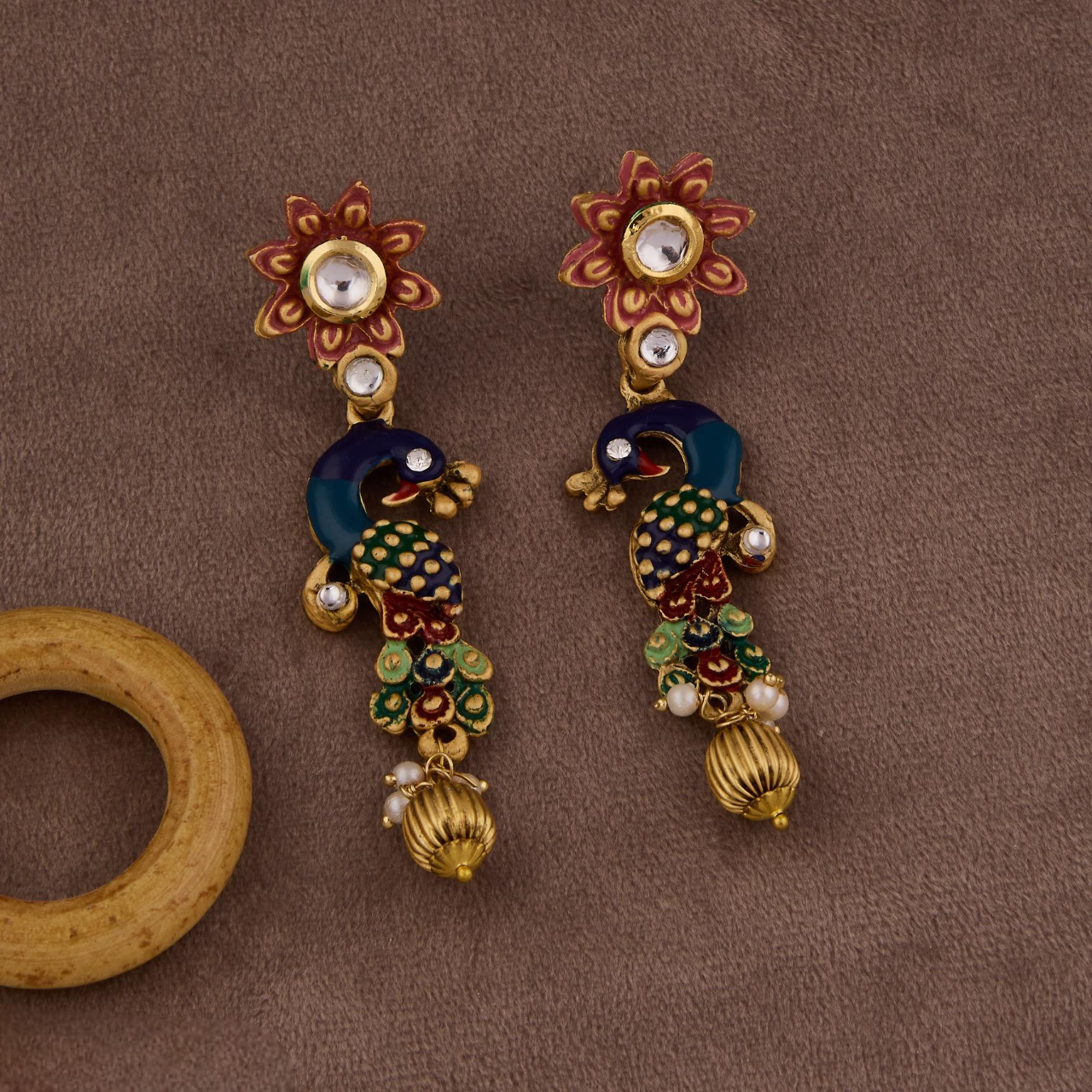 Traditional Peacock Design Necklace & Earrings Set with Pearls