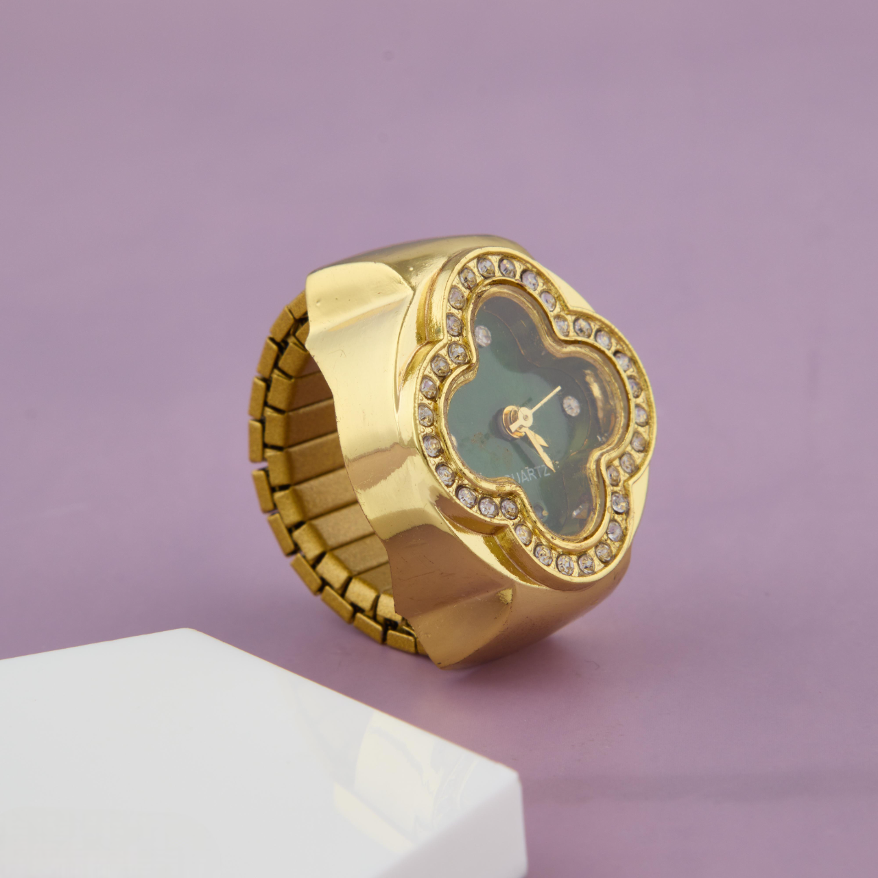 Gold Clover Dial Ring Watch with Green Face & Crystal Accents for Women & Girls