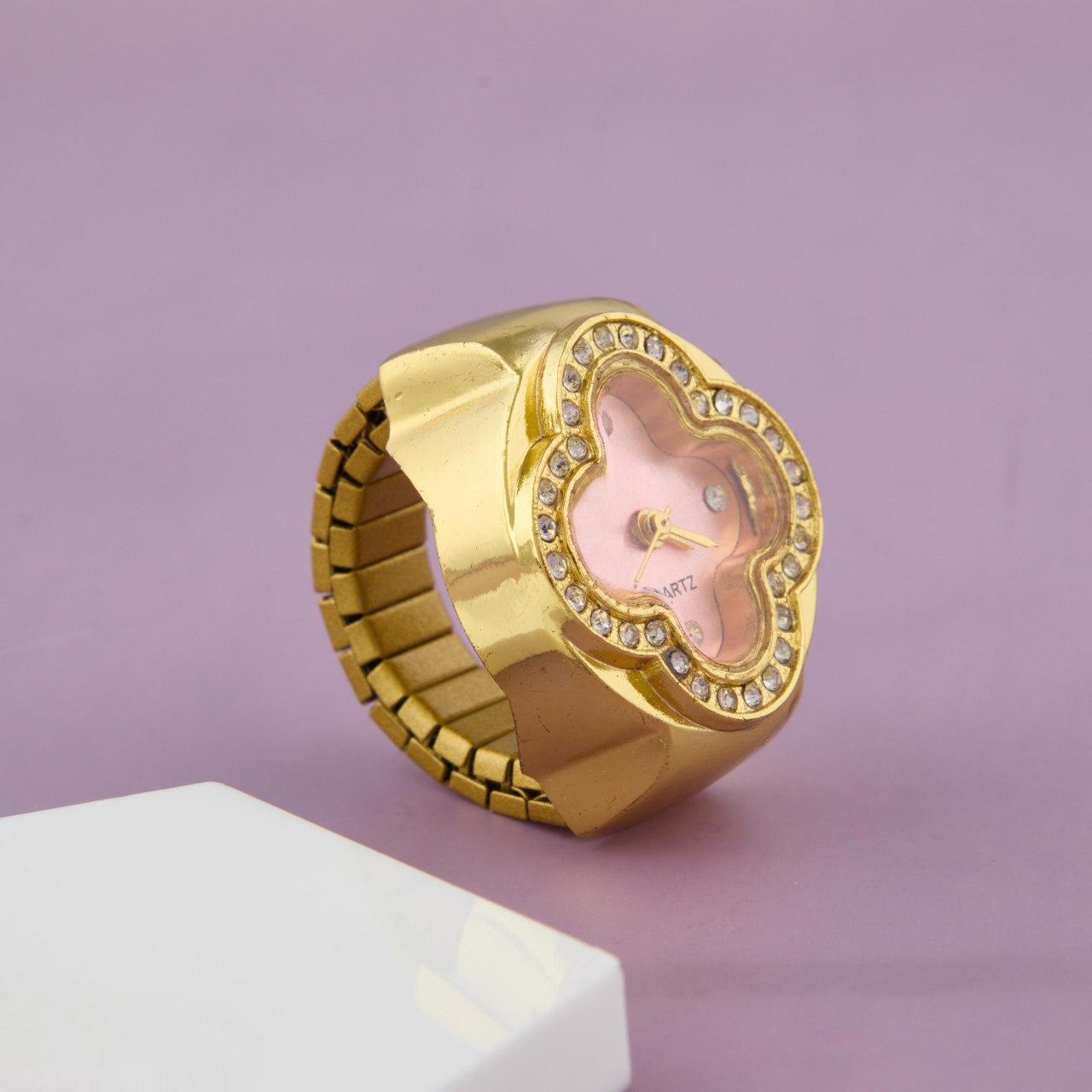 Gold-Tone Clover Dial Ring Watch with Pink Face & Crystals for Women & Girls