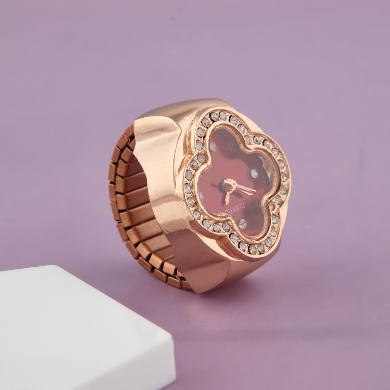 Elegant Red Dial Ring Watch in Rose Gold with Crystals