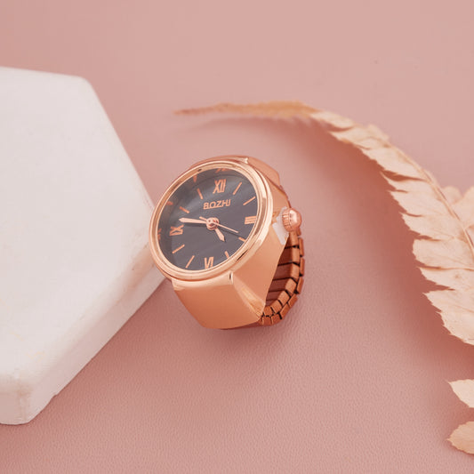 Rose Gold Ring Watch with Black Roman Dial
