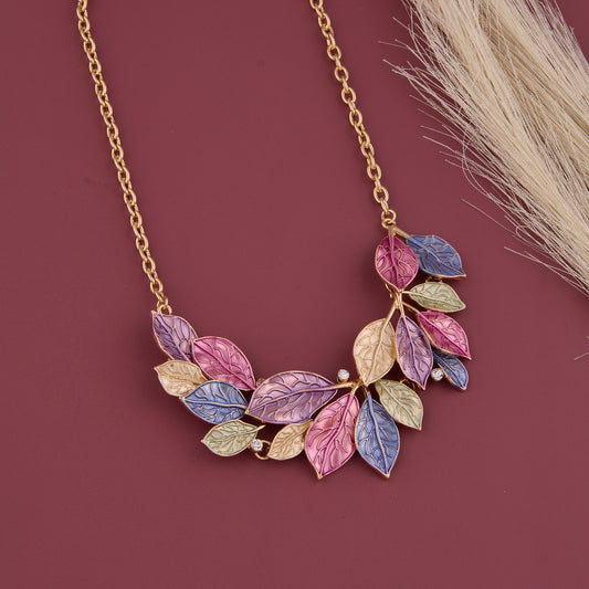 Multicolor Leaf Necklace Set with Gold Chain & Earrings