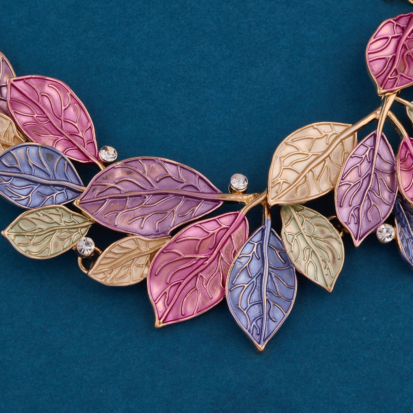 Multicolor Leaf Necklace Set with Gold Chain & Earrings
