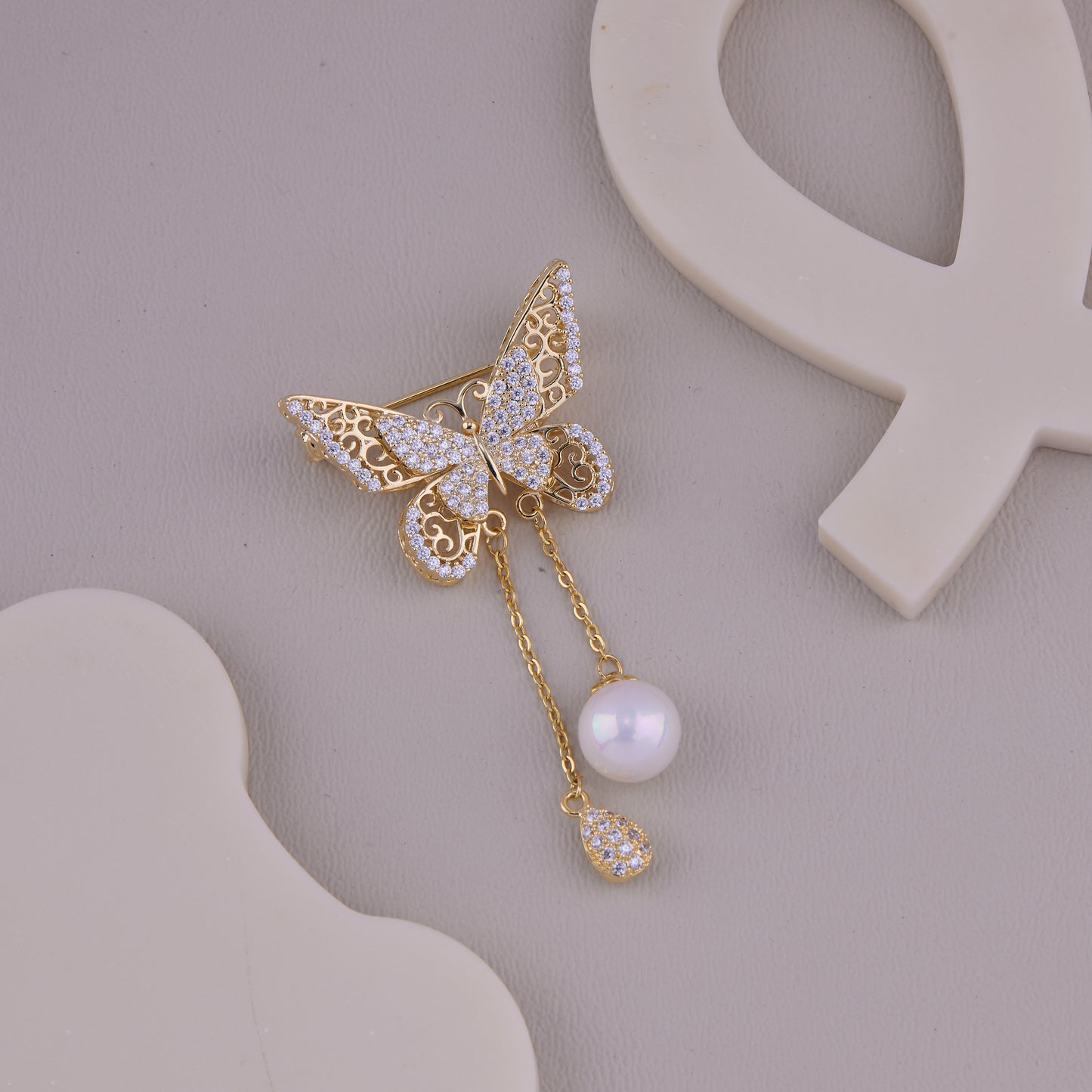 Crystal Butterfly Pearl Drop Brooch