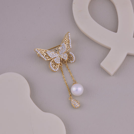 Crystal Butterfly Pearl Drop Brooch