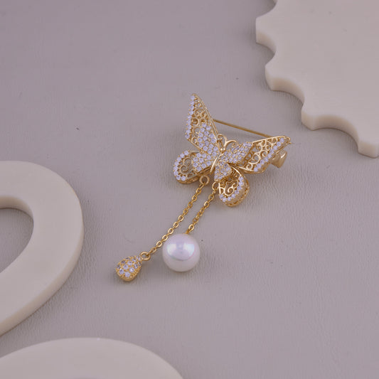 Crystal Butterfly Pearl Drop Brooch