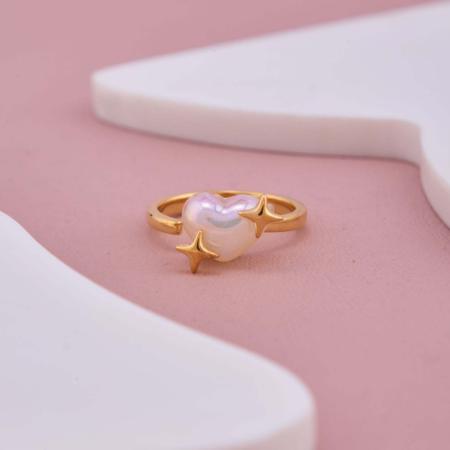 Gold Heart Opal Ring with Star Accents