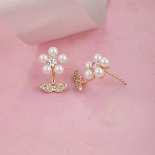 Elegant Pearl Flower Stud Earrings with Crystal Leaf Detail