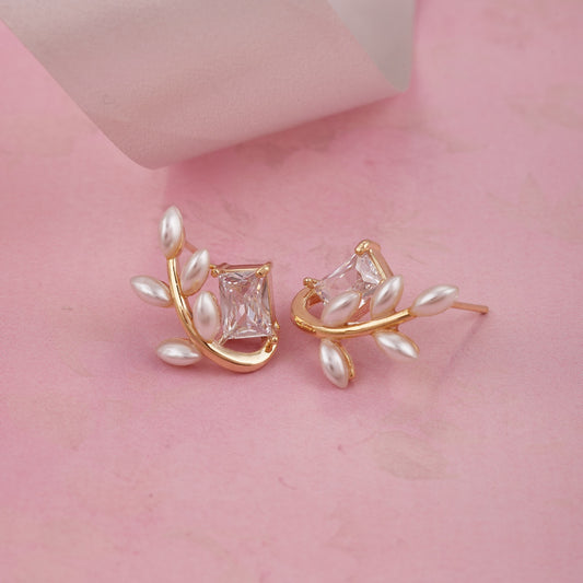 Square Crystal Stud Earrings with Pearl Leaf Design