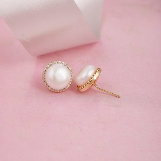 Classic Round Pearl Stud Earrings with Crystal Halo