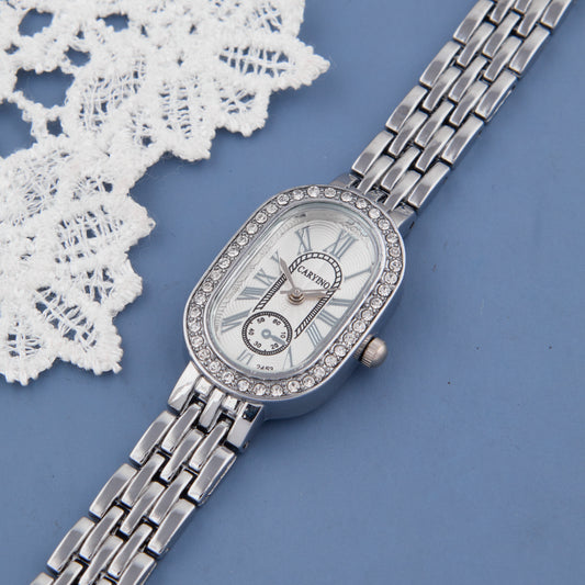 Silver-Tone Crystal-Accented Oval Dial Watch with Roman Numerals for Women