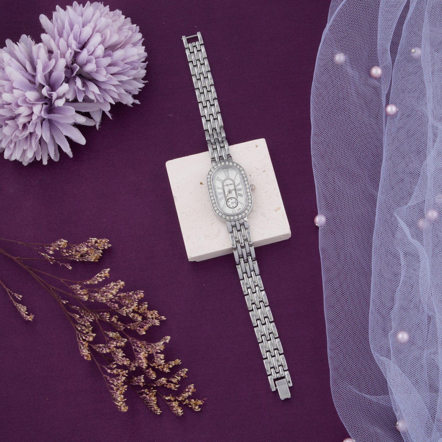 Silver-Tone Crystal-Accented Oval Dial Watch with Roman Numerals for Women